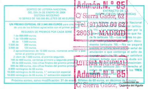 Reverso del décimo de Lotería Nacional de 2004 Sorteo 8
