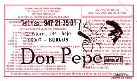 Reverso del décimo de Lotería Nacional de 2005 Sorteo 60