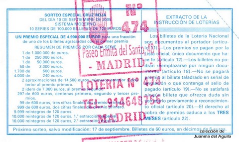 Reverso del décimo de Lotería Nacional de 2005 Sorteo 72