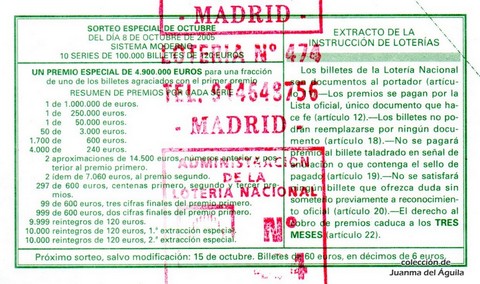 Reverso décimo de Lotería 2005 / 80