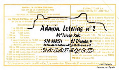 Reverso del décimo de Lotería Nacional de 2005 Sorteo 86