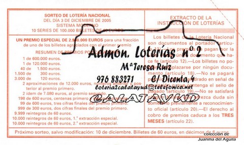 Reverso décimo de Lotería 2005 / 96