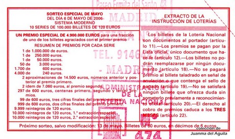 Reverso del décimo de Lotería Nacional de 2006 Sorteo 36