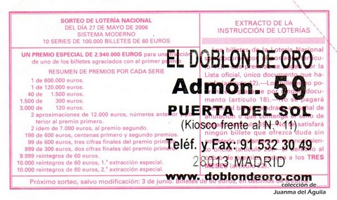 Reverso del décimo de Lotería Nacional de 2006 Sorteo 42