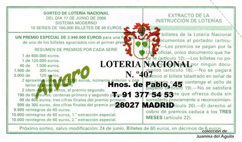 Reverso del décimo de Lotería Nacional de 2006 Sorteo 48