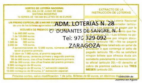 Reverso del décimo de Lotería Nacional de 2006 Sorteo 50