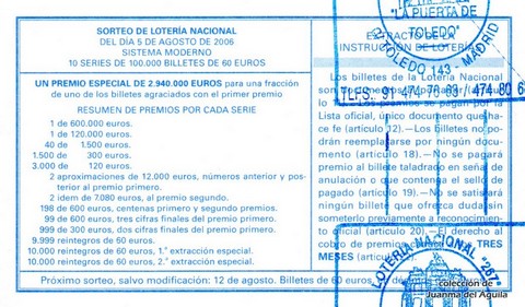 Reverso del décimo de Lotería Nacional de 2006 Sorteo 62