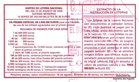 Reverso del décimo de Lotería Nacional de 2006 Sorteo 64