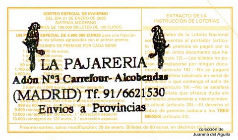 Reverso del décimo de Lotería Nacional de 2006 Sorteo 6