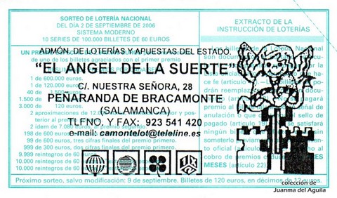 Reverso del décimo de Lotería Nacional de 2006 Sorteo 70