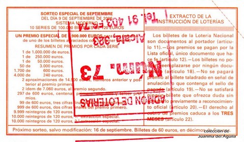 Reverso del décimo de Lotería Nacional de 2006 Sorteo 72