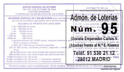 Reverso del décimo de Lotería Nacional de 2006 Sorteo 80