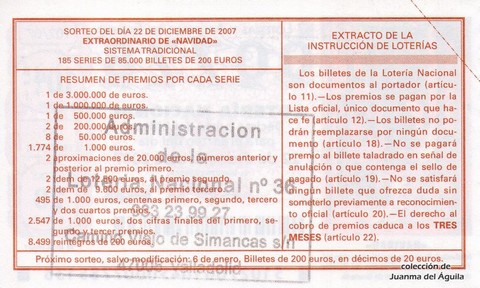 Reverso del décimo de Lotería Nacional de 2007 Sorteo 102