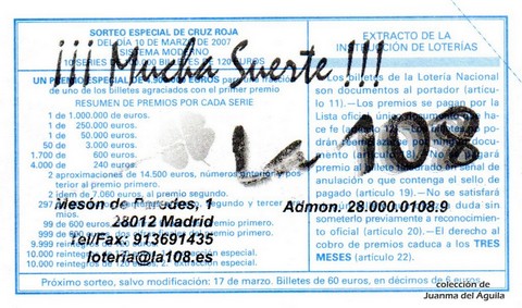 Reverso décimo de Lotería 2007 / 20