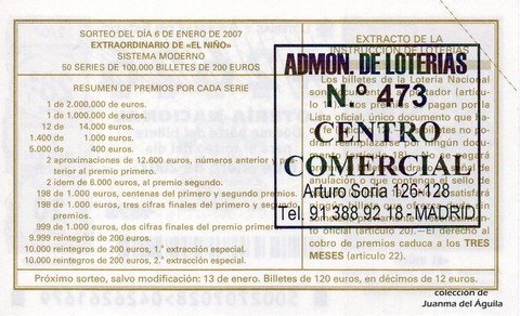 Reverso del décimo de Lotería Nacional de 2007 Sorteo 2