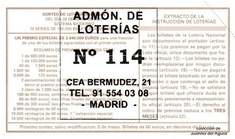 Reverso del décimo de Lotería Nacional de 2007 Sorteo 34