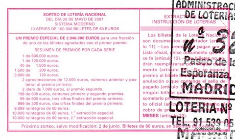 Reverso del décimo de Lotería Nacional de 2007 Sorteo 42