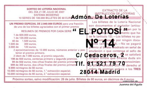 Reverso del décimo de Lotería Nacional de 2007 Sorteo 58