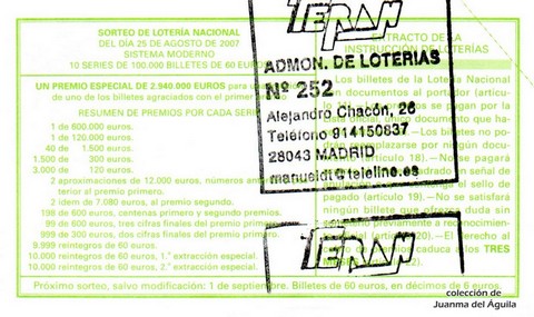 Reverso décimo de Lotería 2007 / 68