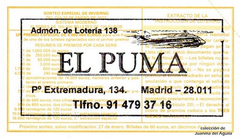 Reverso del décimo de Lotería Nacional de 2007 Sorteo 6