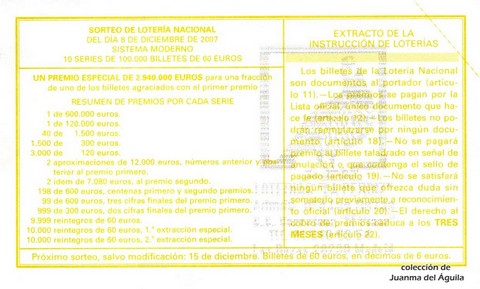 Reverso del décimo de Lotería Nacional de 2007 Sorteo 98