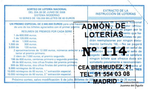 Reverso del décimo de Lotería Nacional de 2008 Sorteo 52