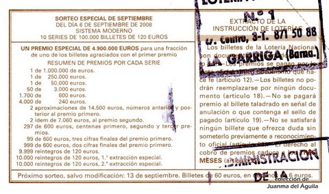 Reverso del décimo de Lotería Nacional de 2008 Sorteo 72