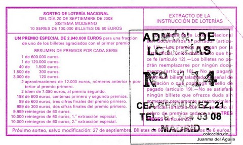 Reverso del décimo de Lotería Nacional de 2008 Sorteo 76