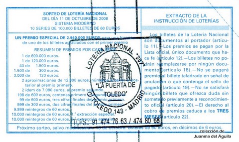 Reverso del décimo de Lotería Nacional de 2008 Sorteo 82