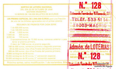 Reverso del décimo de Lotería Nacional de 2008 Sorteo 86