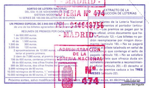 Reverso del décimo de Lotería Nacional de 2008 Sorteo 92