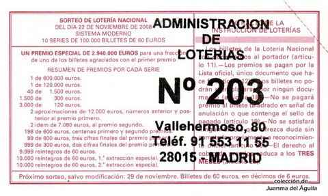 Reverso décimo de Lotería 2008 / 94