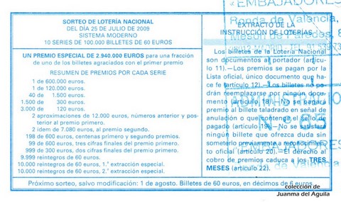 Reverso del décimo de Lotería Nacional de 2009 Sorteo 60