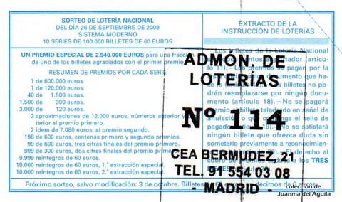 Reverso del décimo de Lotería Nacional de 2009 Sorteo 78