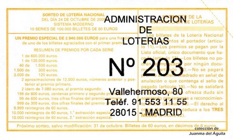 Reverso del décimo de Lotería Nacional de 2009 Sorteo 86