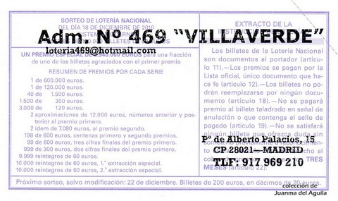 Reverso del décimo de Lotería Nacional de 2010 Sorteo 100