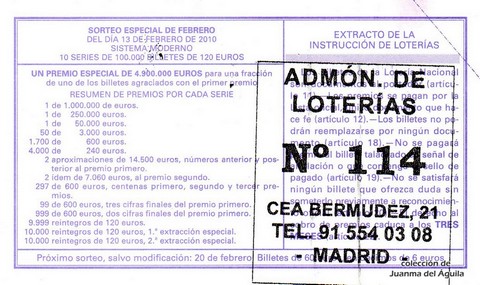 Reverso del décimo de Lotería Nacional de 2010 Sorteo 12