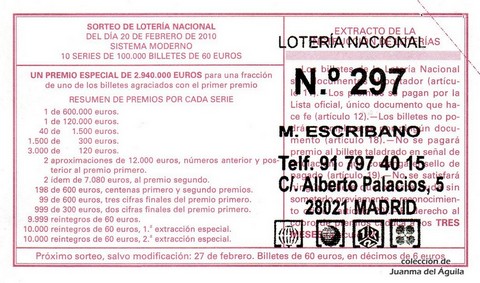 Reverso del décimo de Lotería Nacional de 2010 Sorteo 14