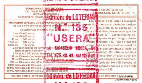 Reverso décimo de Lotería 2010 / 16