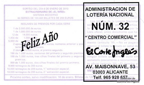 Reverso décimo de Lotería 2010 / 1