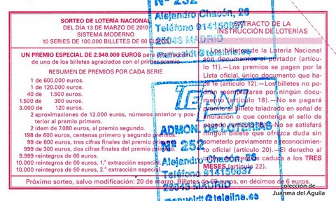 Reverso décimo de Lotería 2010 / 20
