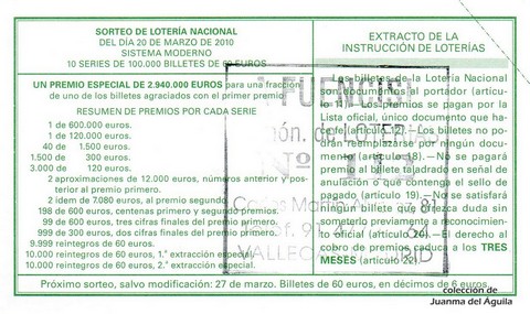 Reverso del décimo de Lotería Nacional de 2010 Sorteo 22