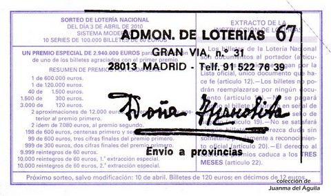 Reverso del décimo de Lotería Nacional de 2010 Sorteo 26
