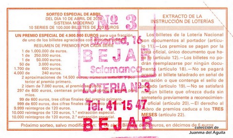 Reverso del décimo de Lotería Nacional de 2010 Sorteo 28