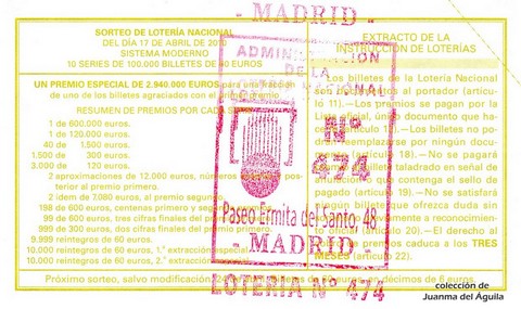 Reverso décimo de Lotería 2010 / 30