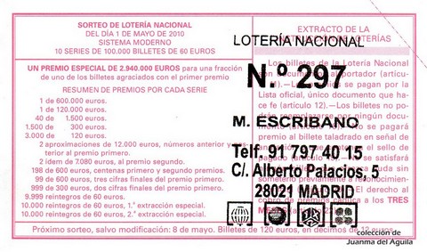 Reverso del décimo de Lotería Nacional de 2010 Sorteo 34
