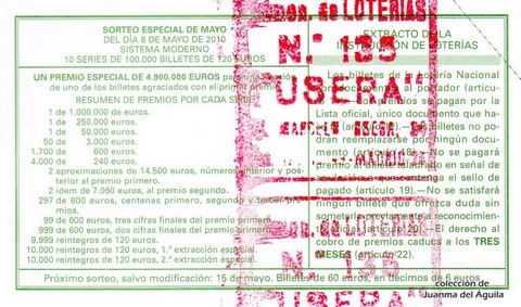 Reverso del décimo de Lotería Nacional de 2010 Sorteo 36