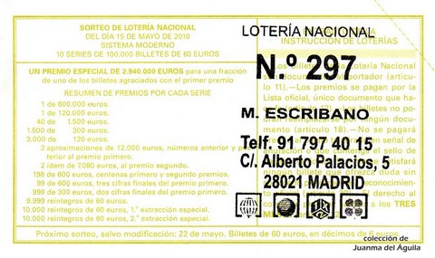 Reverso décimo de Lotería 2010 / 38