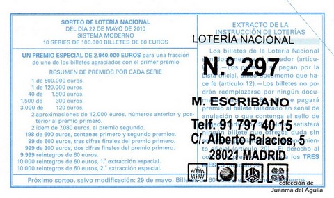 Reverso del décimo de Lotería Nacional de 2010 Sorteo 40