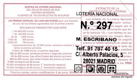 Reverso del décimo de Lotería Nacional de 2010 Sorteo 42